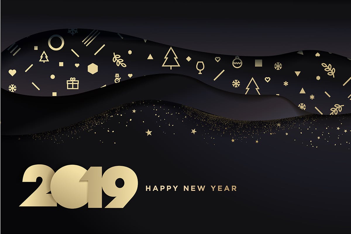 2019年新年闪耀图案山脉背景贺卡设计模板 Business Happy New Year 2019 Greeting Card插图