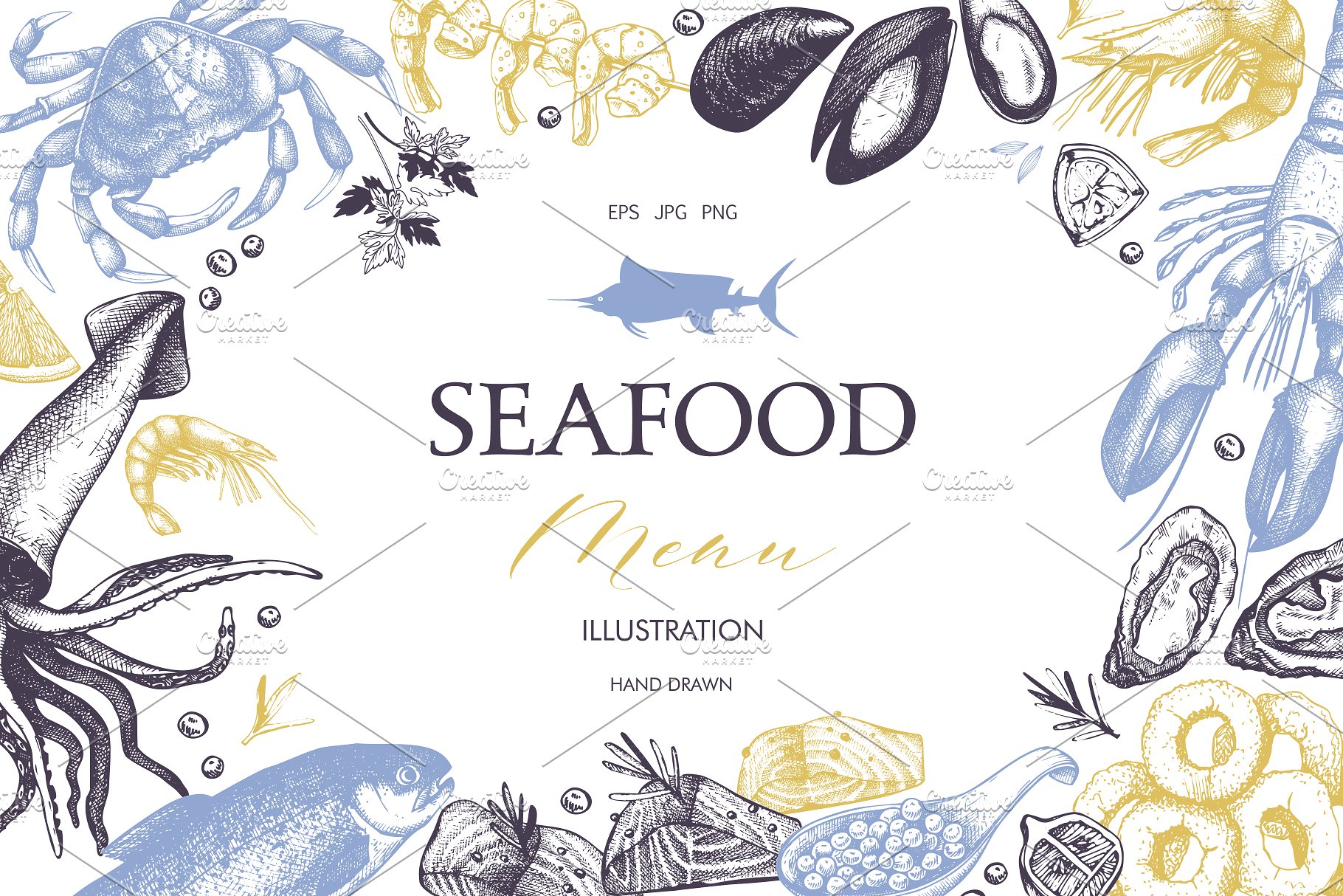 传统海鲜插图和菜单矢量设计 Vector Seafood Menu Design插图