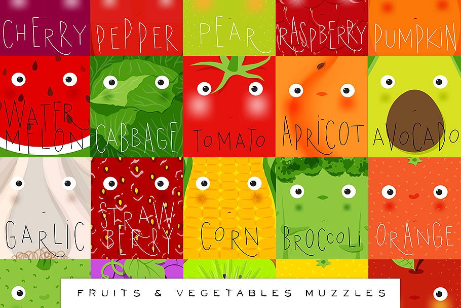 可爱卡通风水果蔬菜插画合集 Fruits & Vegetables Muzzles插图