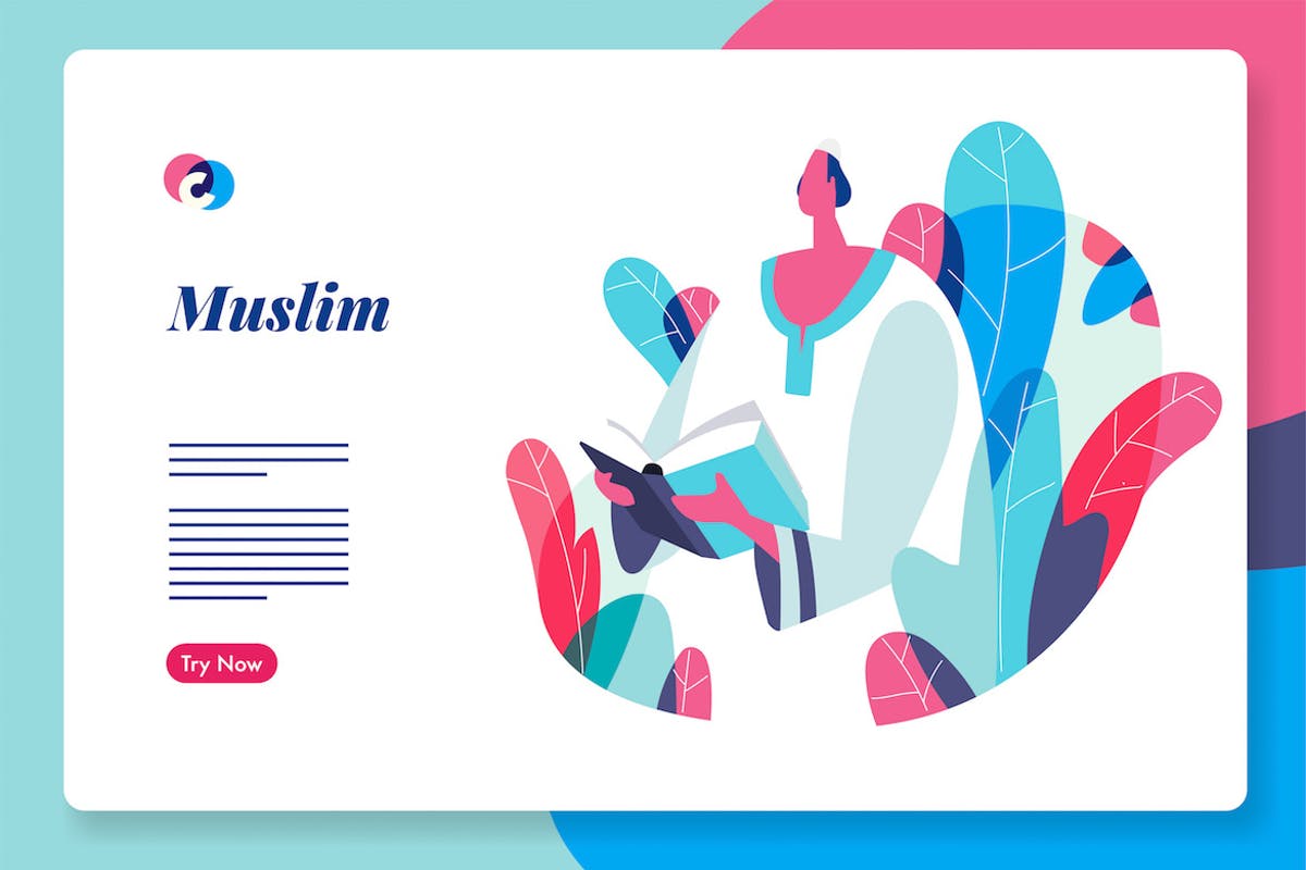 穆斯林文化网站设计概念插画 Muslim people web hero illustration template插图