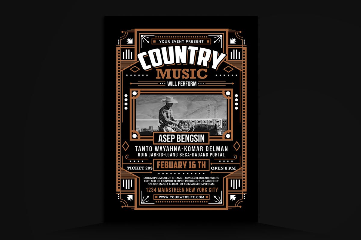 复古设计风格城市音乐节活动海报设计模板 Country Music Flyer插图