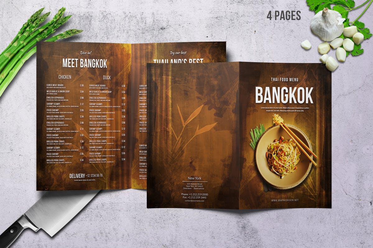 复古双折餐厅菜单设计模板 Thai A4 and US Letter Bifold Food Menu插图