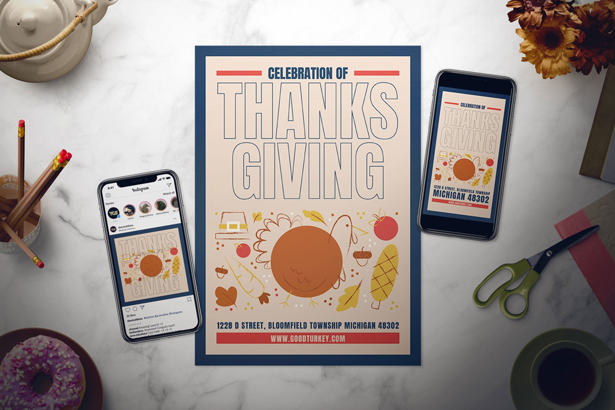 简约设计风格感恩节节日海报传单设计模板 Thanksgiving Flyer Set插图