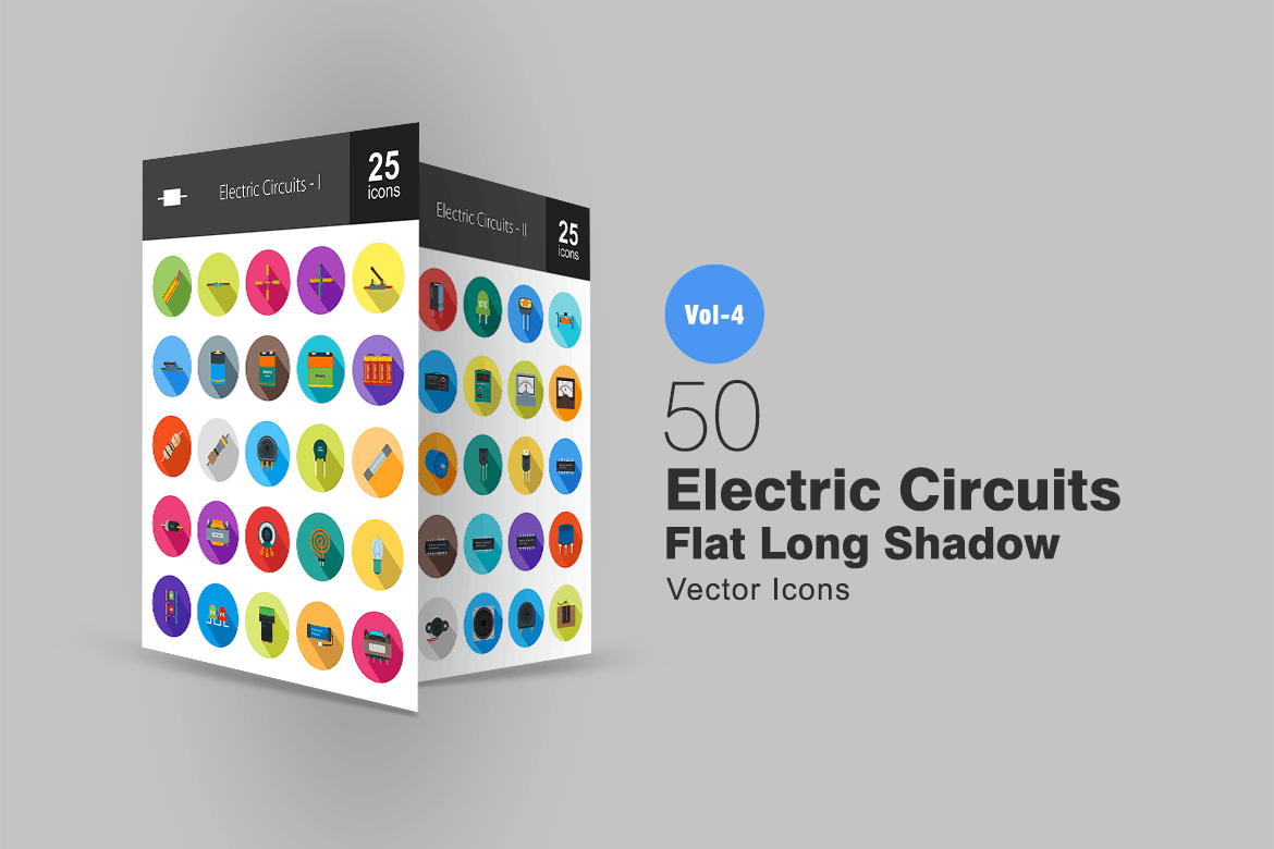 50枚电路线路板主题扁平化阴影图标 50 Electric Circuits Flat Shadowed Icons插图
