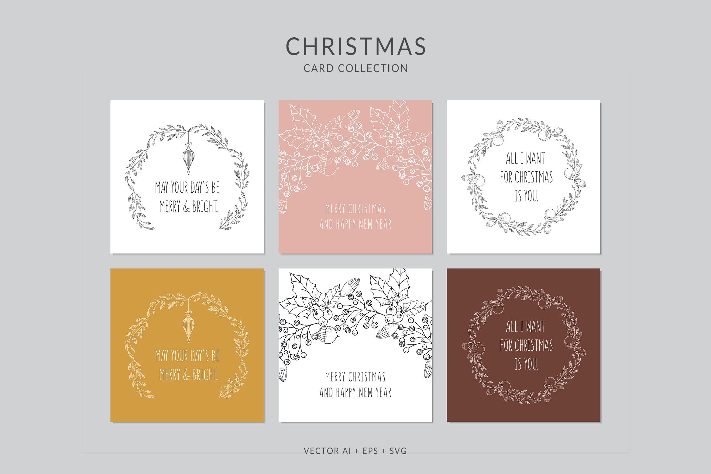 手绘圣诞装饰花环元素圣诞节贺卡设计模板v2 Christmas Greeting Card Vector Set插图