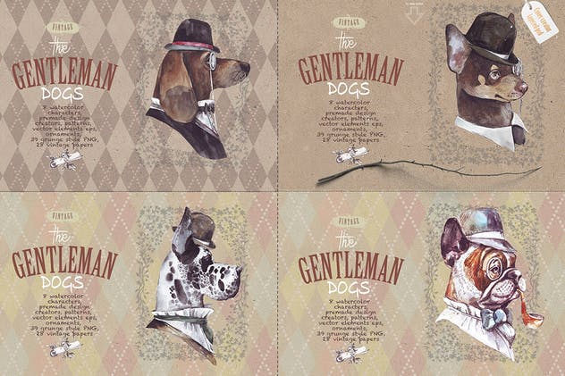 复古手绘水彩小狗插画 GENTLEMAN DOGS SET插图(10)