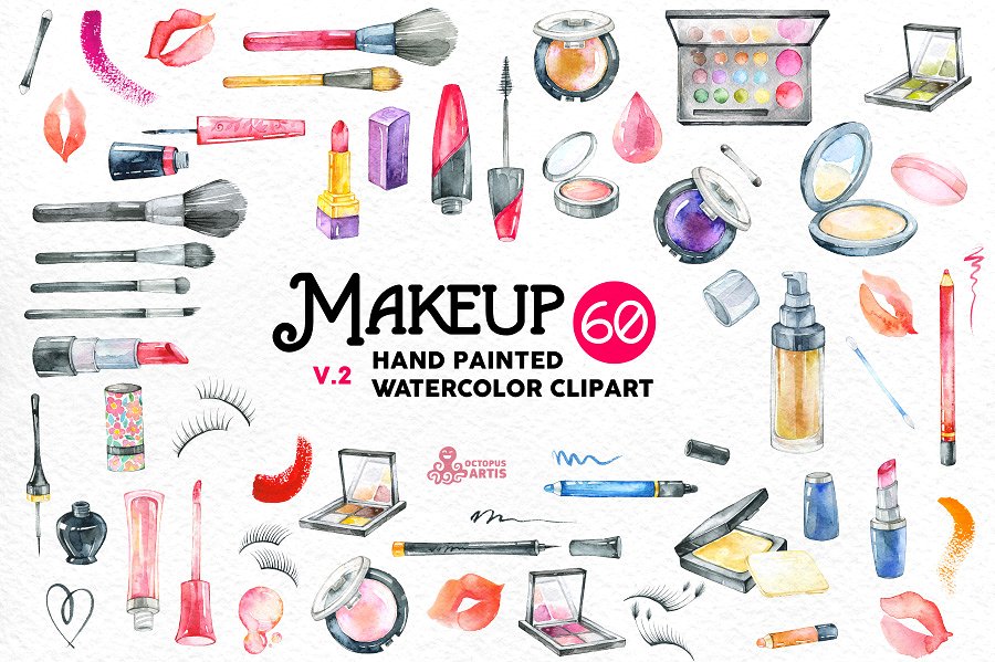 手绘水彩化妆工具插画v2 Watercolor Makeup v.2插图(1)