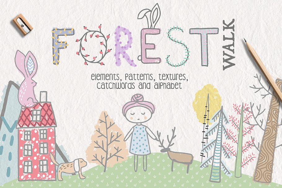 卡哇伊可爱风格手绘粉色系插画素材 Forest Walk Collection Pro插图