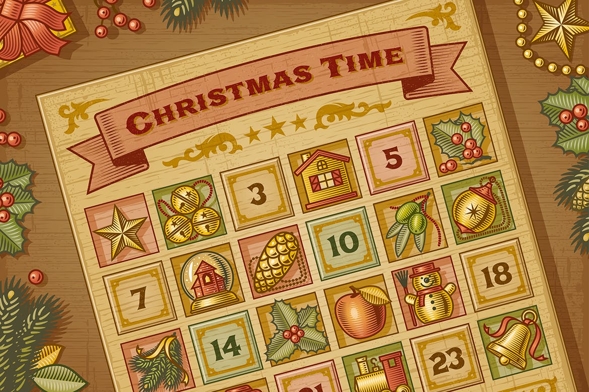 复古木刻风格圣诞节主题日历设计模板 Vintage Christmas Advent Calendar插图