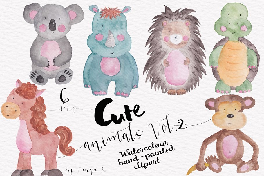 可爱卡通动物水彩剪贴画 Cute Watercolor animals clipart插图