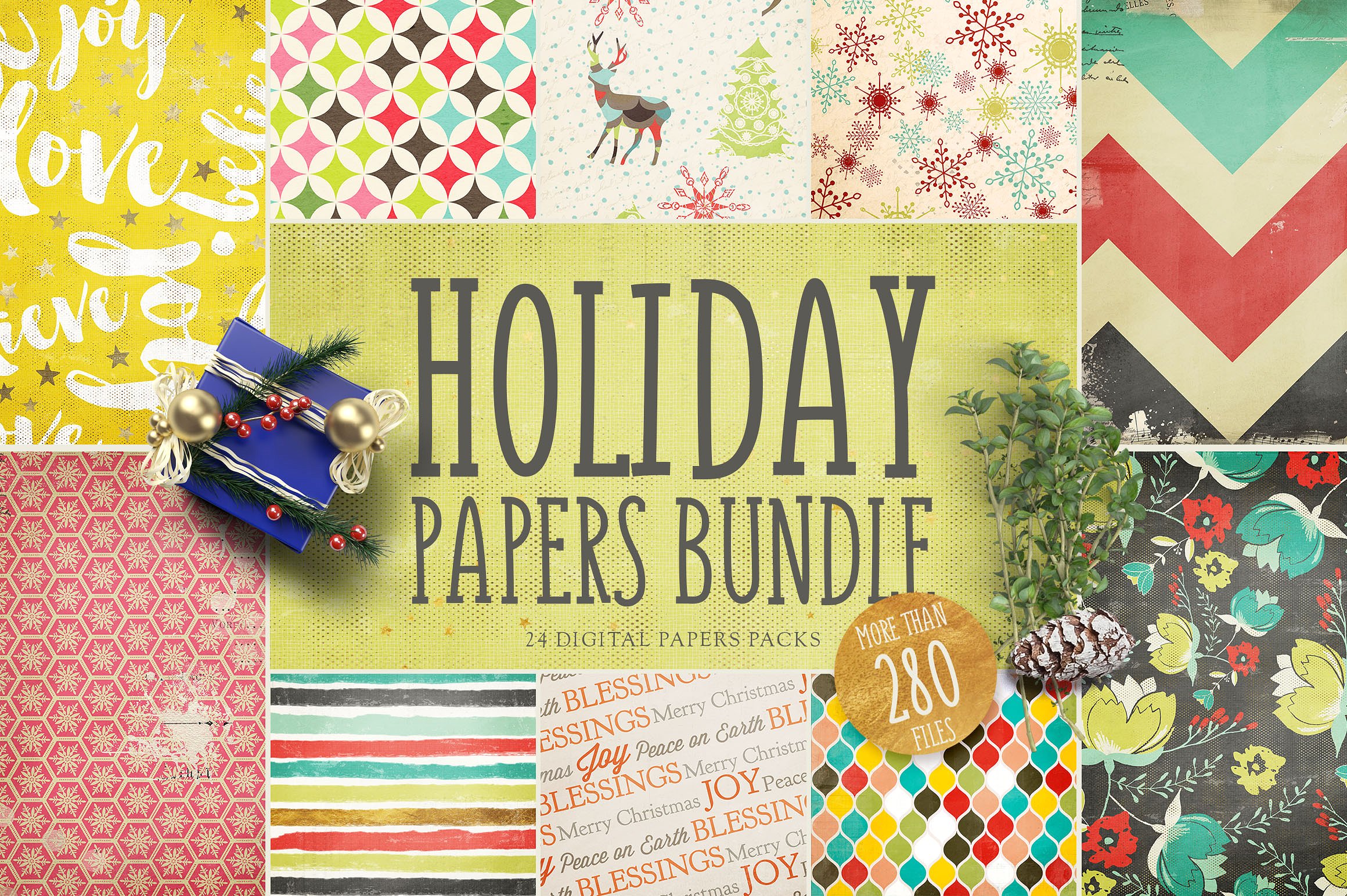 节日氛围数码纸张礼品包装纸张纹理合集 Holiday Digital Papers Bundle插图