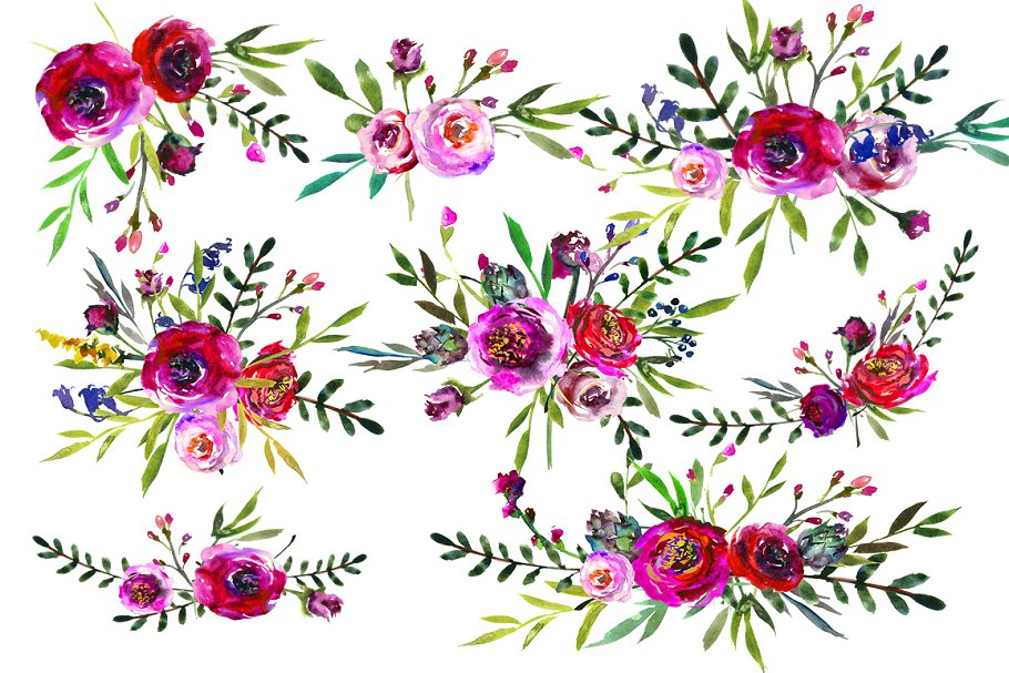 鲜艳的紫色水彩花卉剪贴画 Bright Purple Watercolor Flowers插图(1)