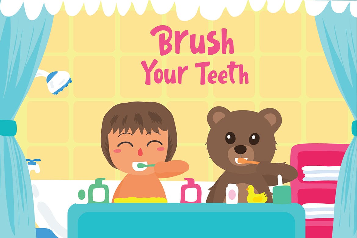 儿童爱牙护牙爱牙日主题矢量插画素材 Brush Teeth – Vector Illustration插图