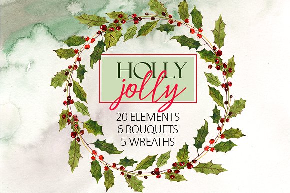 圣诞水彩剪辑集（一堆圣诞元素） Holly Steams Christmas Watercolors插图6