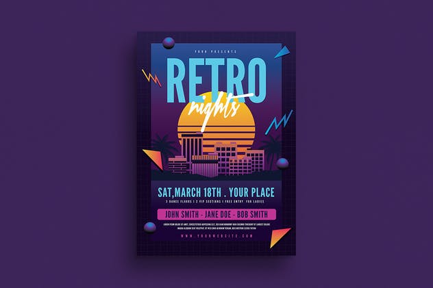 欧美80年代复古夜店风格海报设计模板 Retro Night 80s Flyer插图1
