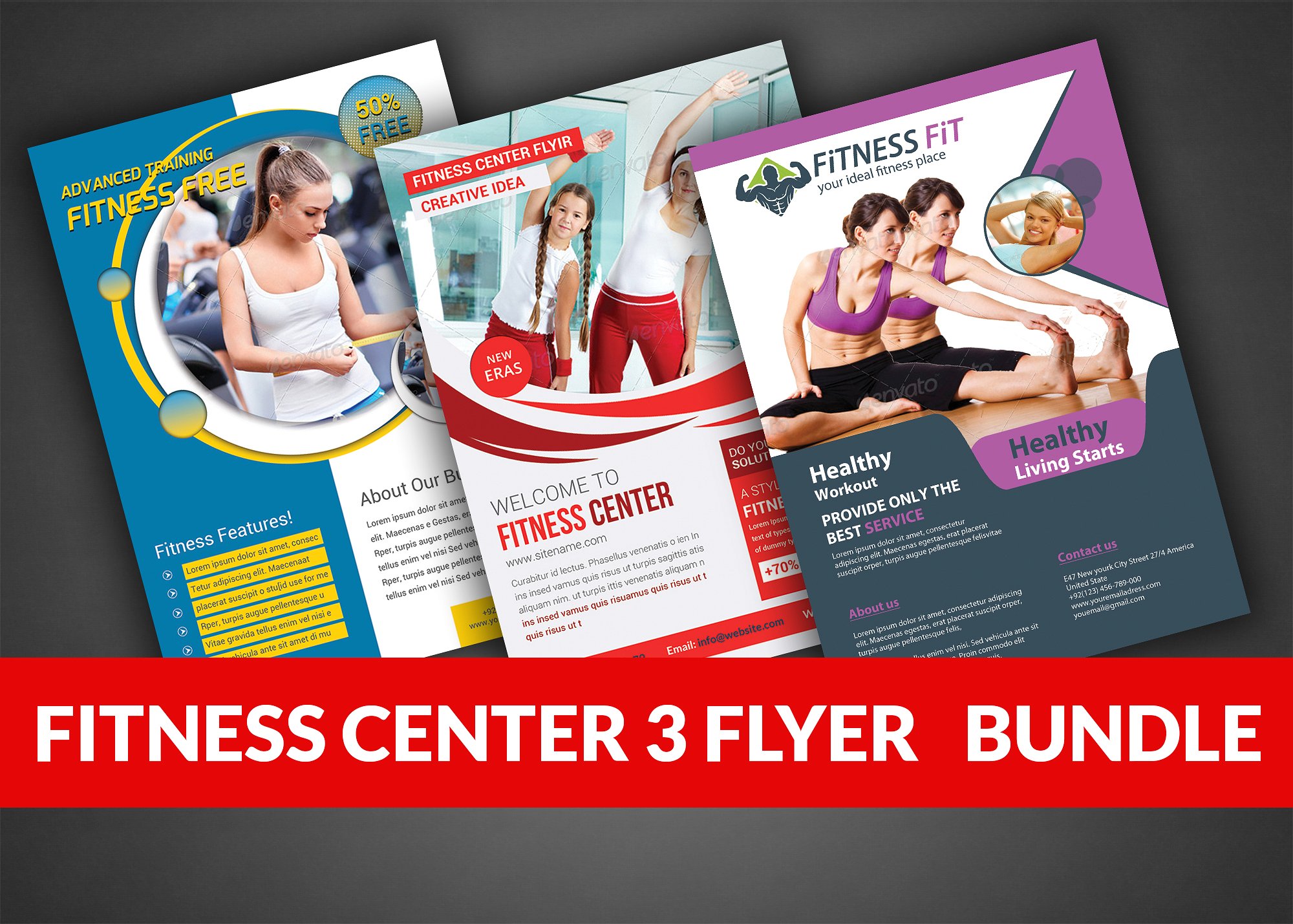 健身俱乐部宣传传单模板 Fitness Flyer Bundle Print Templates插图