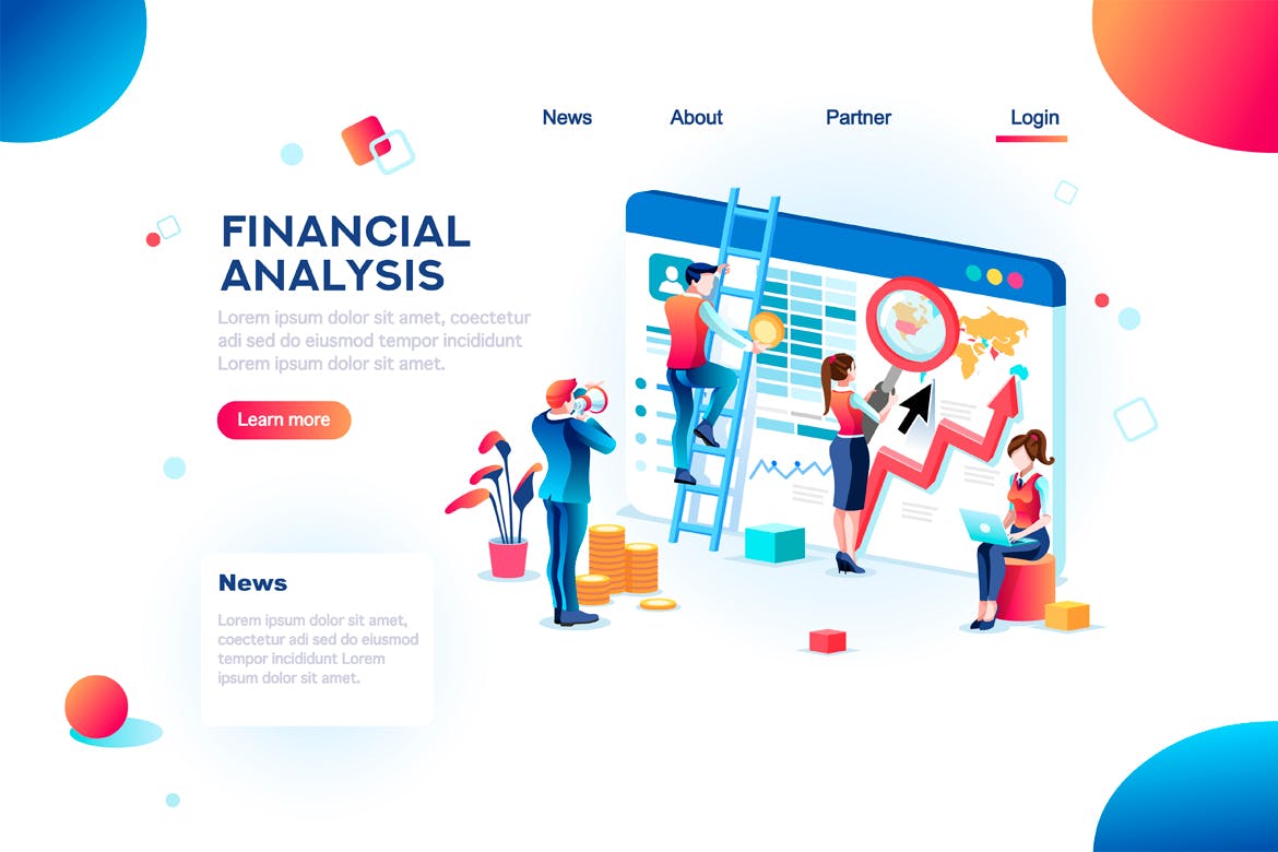 金融财务数据分析信息图表矢量网站概念插画 Analytics Concept Finance Infographic插图