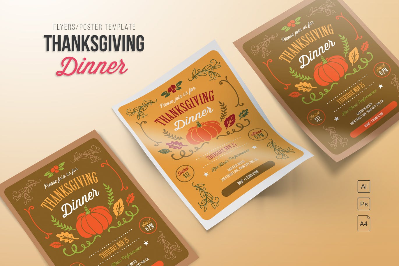 感恩节晚宴活动海报设计模板 Thanksgiving Dinner插图