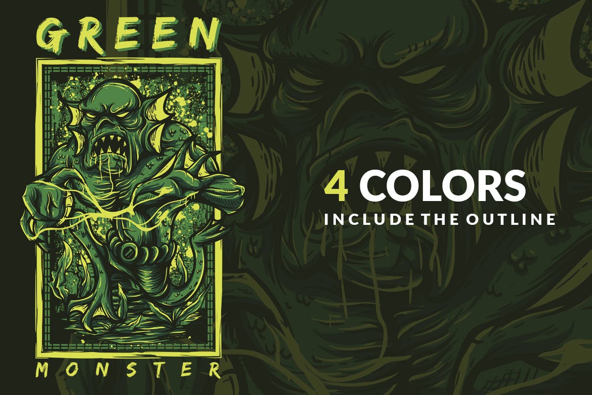 绿色怪兽手绘插画T恤印花图案素材 Green Monster插图(2)