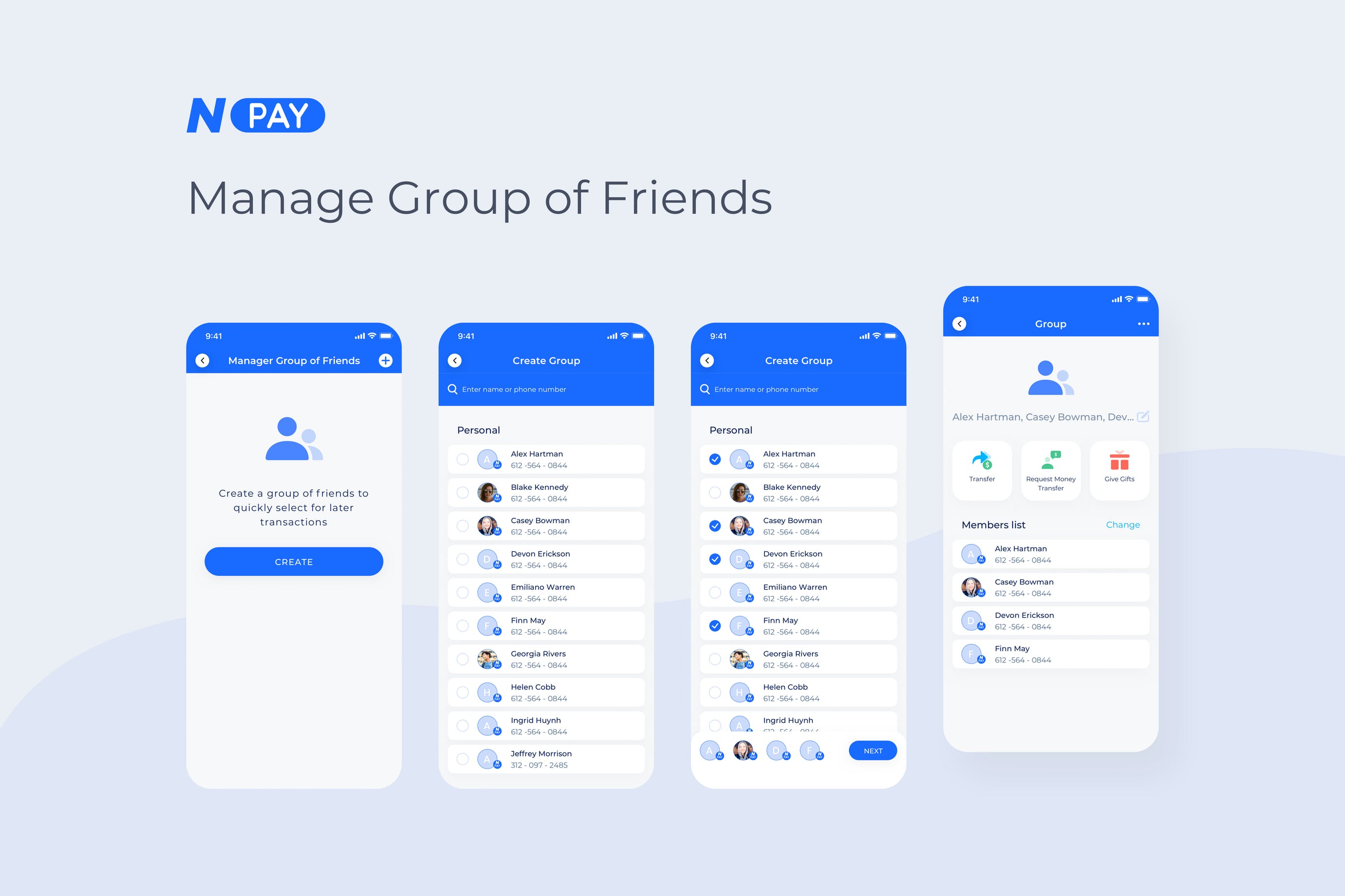 电子钱包APP应用UI设计之好友分组管理界面设计模板 Manager Group of Friends – Wallet Mobile UI – N插图