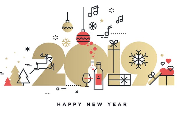 2019年渐变色字体新年贺卡海报设计模板[白色背景] Happy New Year 2019插图(1)