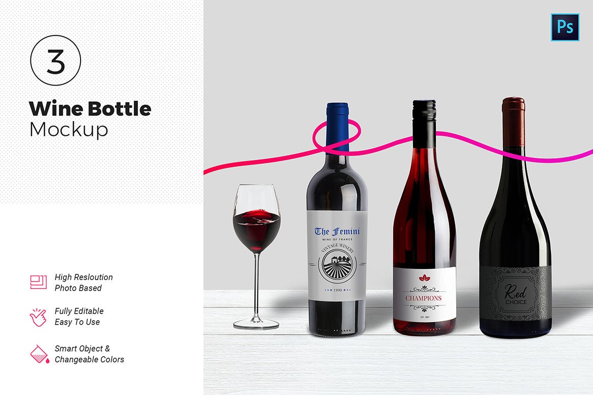 洋酒酒瓶设计图样机模板 Wine Bottle Mockups插图(1)