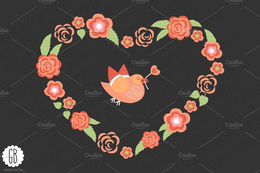 爱情花环玫瑰心形剪贴画 Love wreaths roses heart clip art插图3