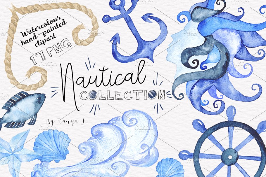 高质量水彩手绘航海元素剪贴画 Nautical Watercolor Clipart插图
