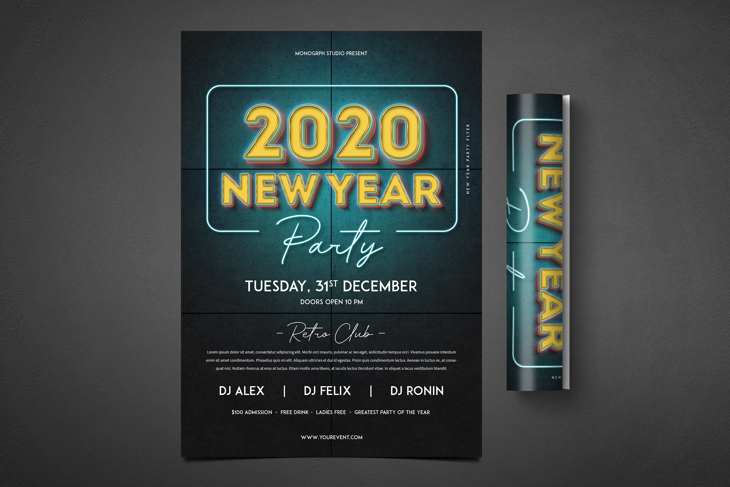 LED霓虹灯管特效新年主题派对海报传单模板 New Year Party Flyer插图