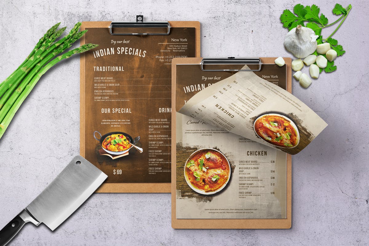 印度餐厅A4菜单设计PSD模板 Indian A4 & US Letter Single Page Food Menu插图