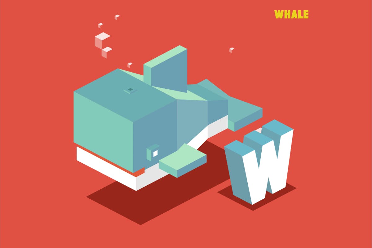 “W”鲸鱼动物词汇字母2.5D矢量插画素材 W for whale. Animal Alphabet插图