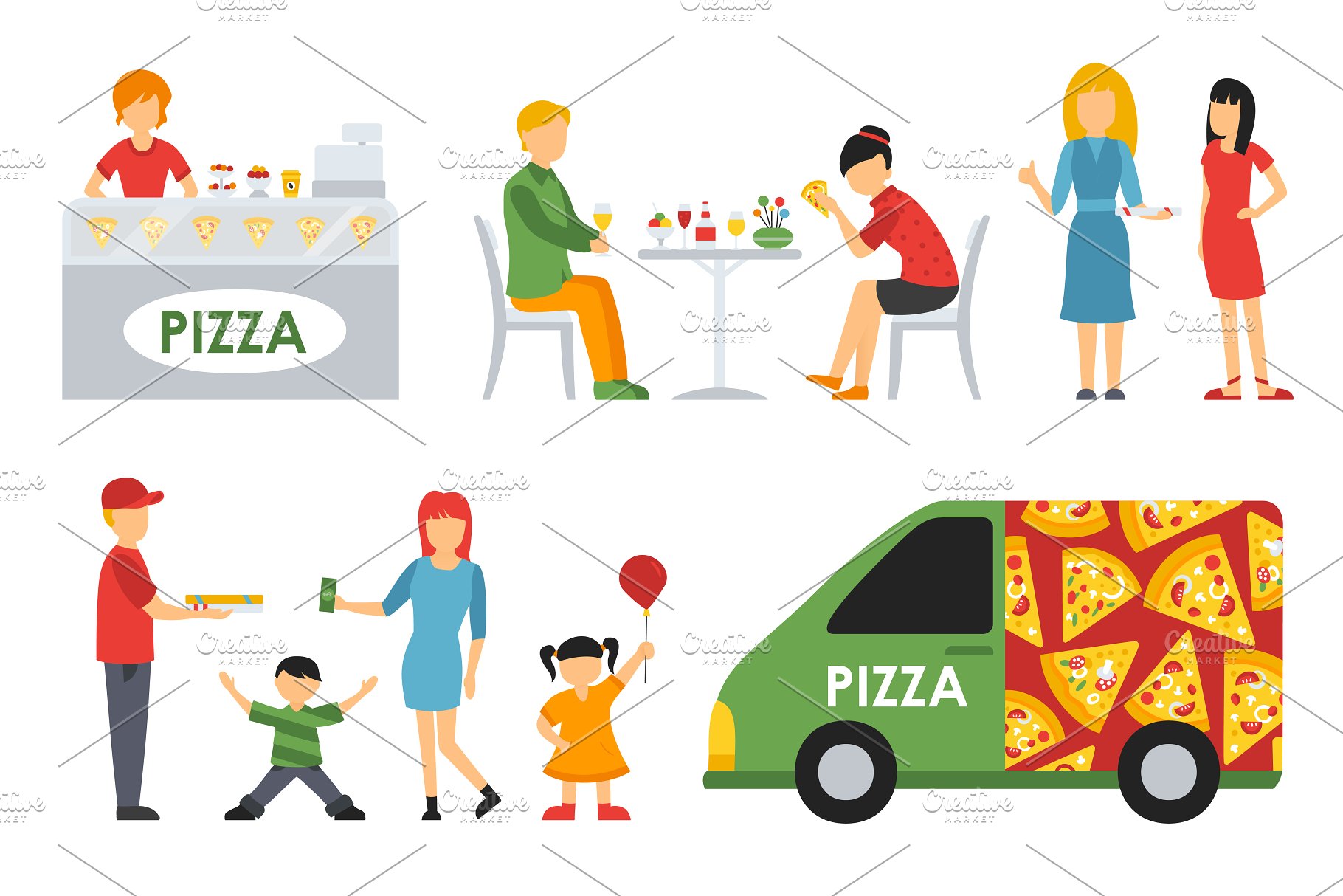 各式职业人员吃披萨形象扁平化设计矢量插画 Pizzeria – flat people set插图(9)