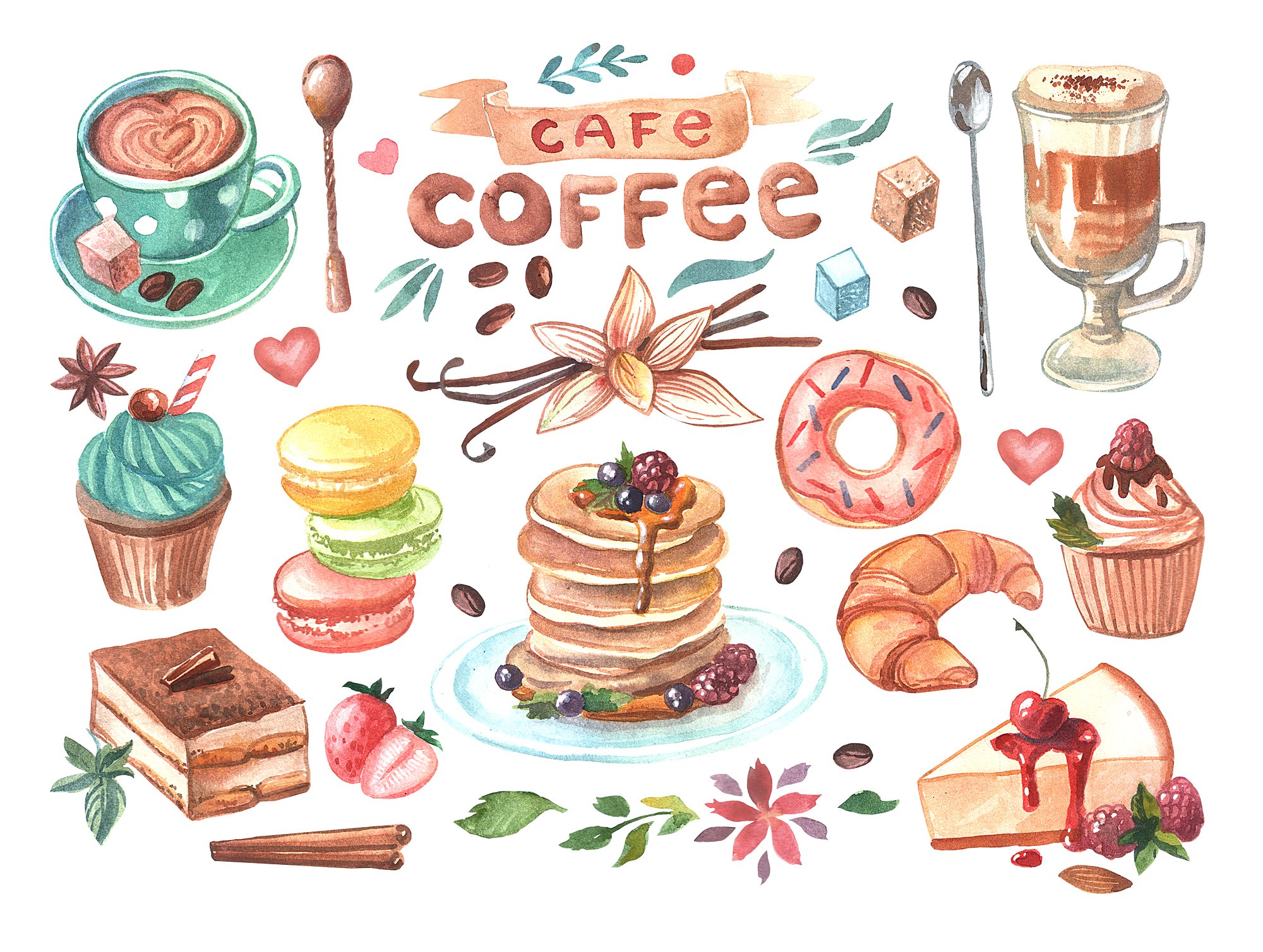 高质量的手绘水彩画咖啡&甜品图集下载[psd,png,jpg]插图1