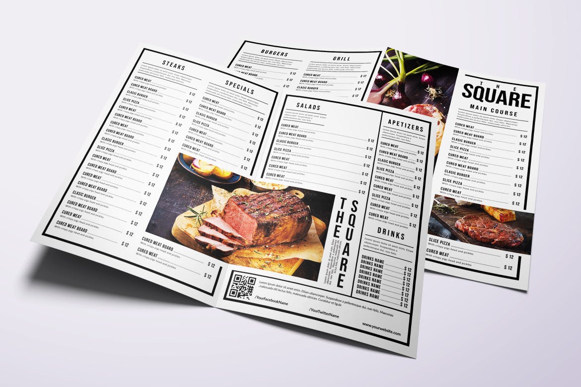 经典极简双折A4&美国信纸大小美食菜单模板 Classic Minimal Bifold A4 & US Letter Food Menu插图1