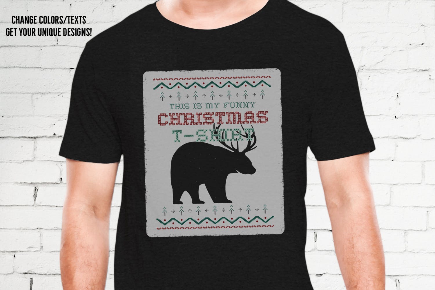 圣诞节主题T恤带鹿角黑熊印花图案设计模板 Funny Christmas Print T-Shirt Sweater. Beer Design插图(2)