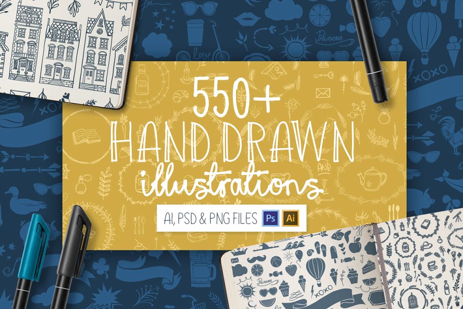 550+手绘矢量插画图案 550+ Hand Drawn Illustrations插图