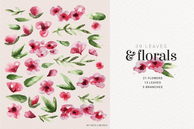 现代玫瑰水彩花卉＆叶子插图素材 Modern Rose watercolor flowers leaves插图4