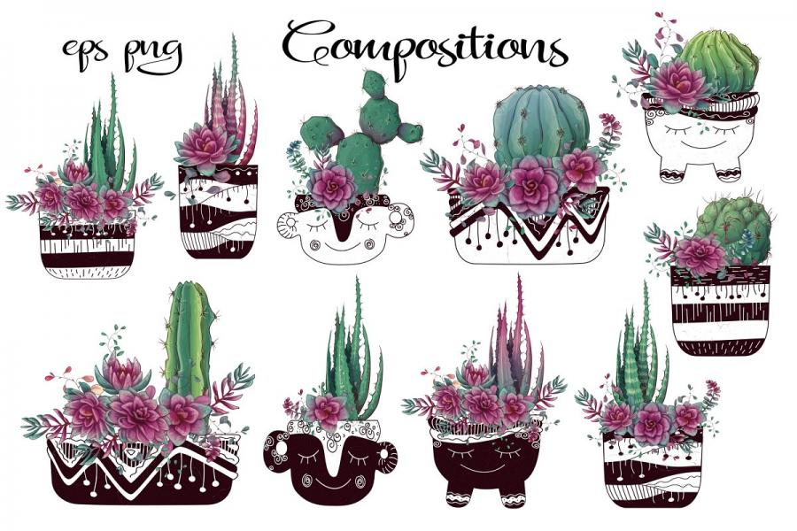 紫色的仙人掌和肉质植物矢量剪贴画插图1