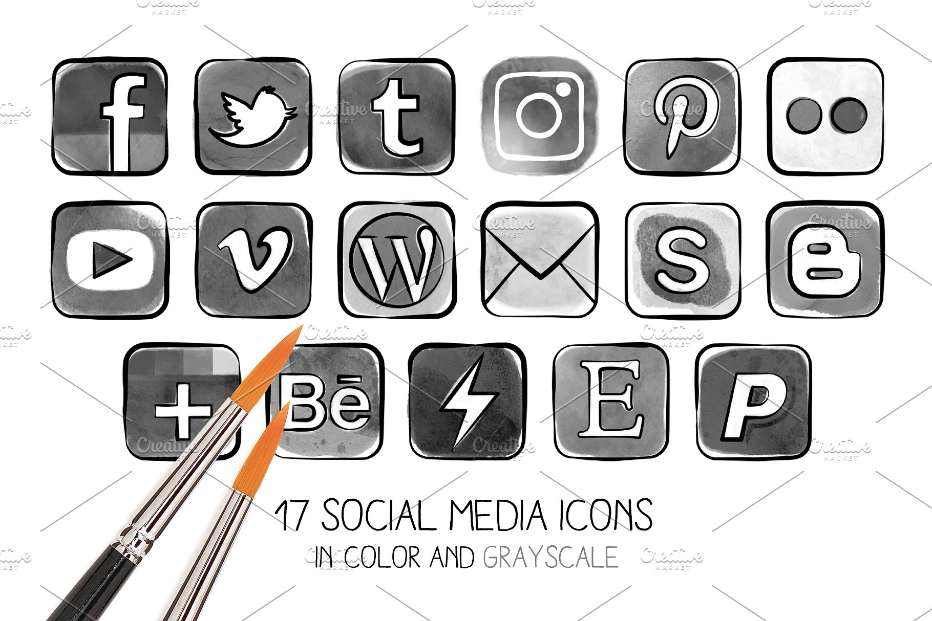 17种水彩效果社交媒体图标  Watercolor effect social media icons插图(1)