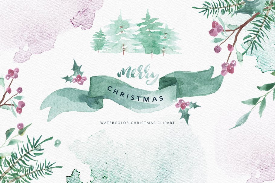 美丽冬季圣诞水彩剪贴画合集 Merry Christmas Watercolor Bundle插图