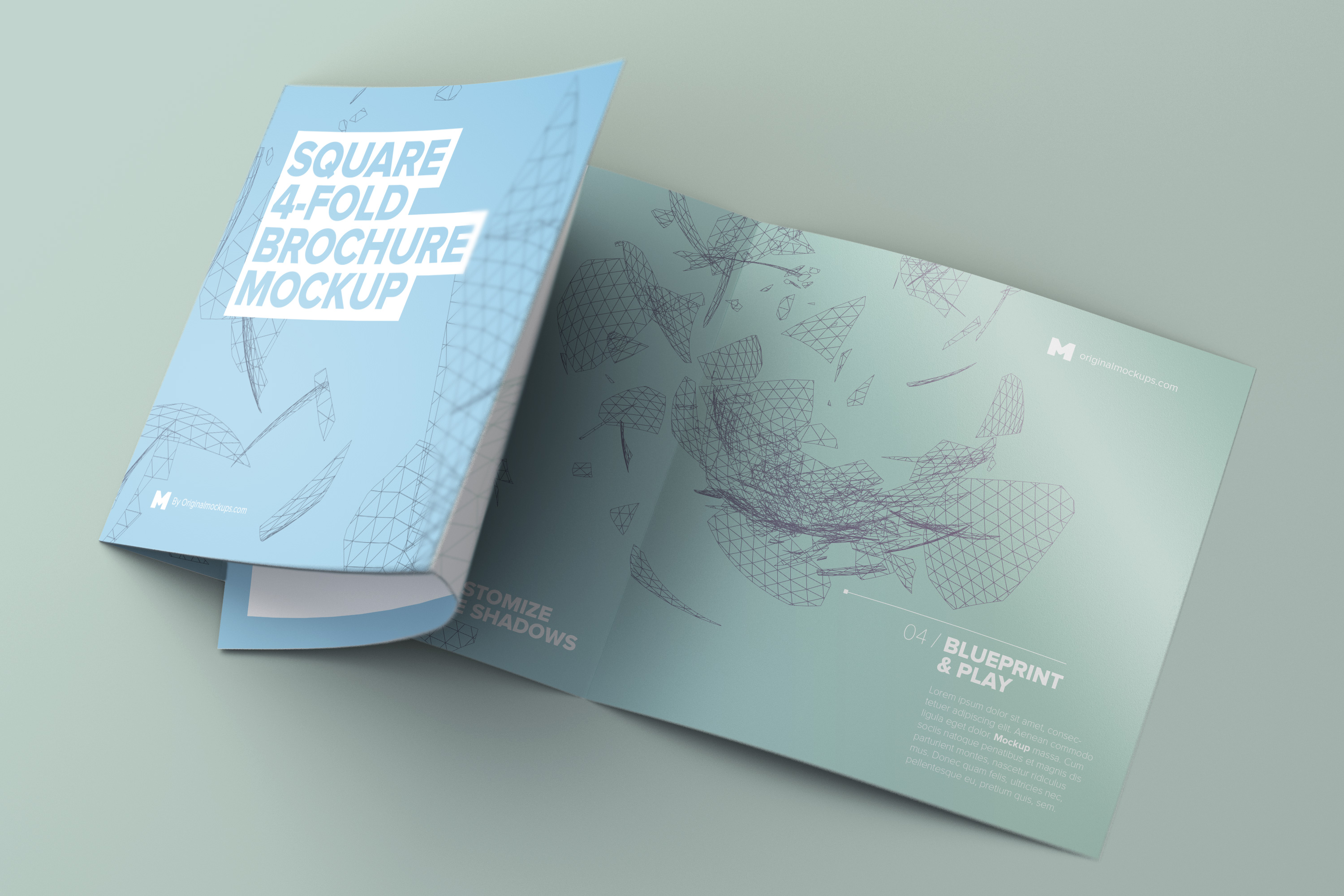 展开方形四折页小册子/传单设计展开效果样机 Unfolding Square 4-Fold Brochure Mockup插图1