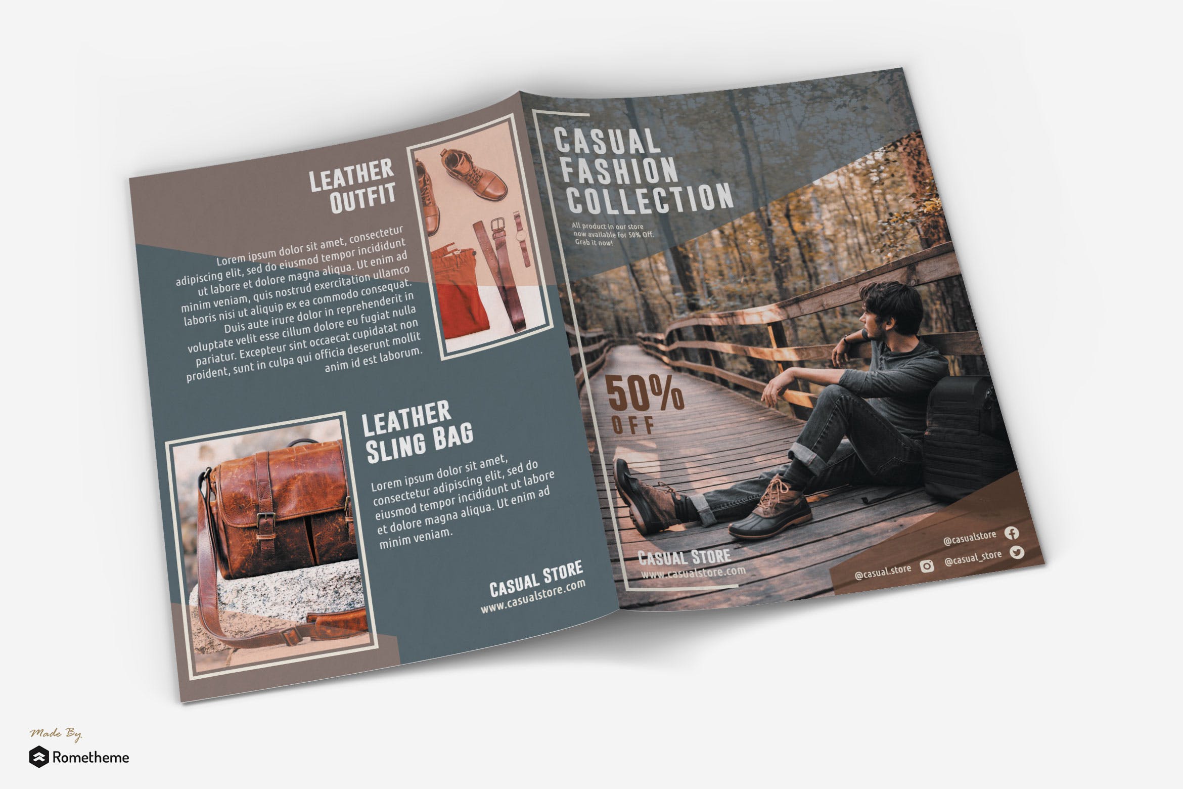 时尚皮革服饰/户外运动品牌宣传单设计模板 Casual – Fashion Bifold Brochure插图