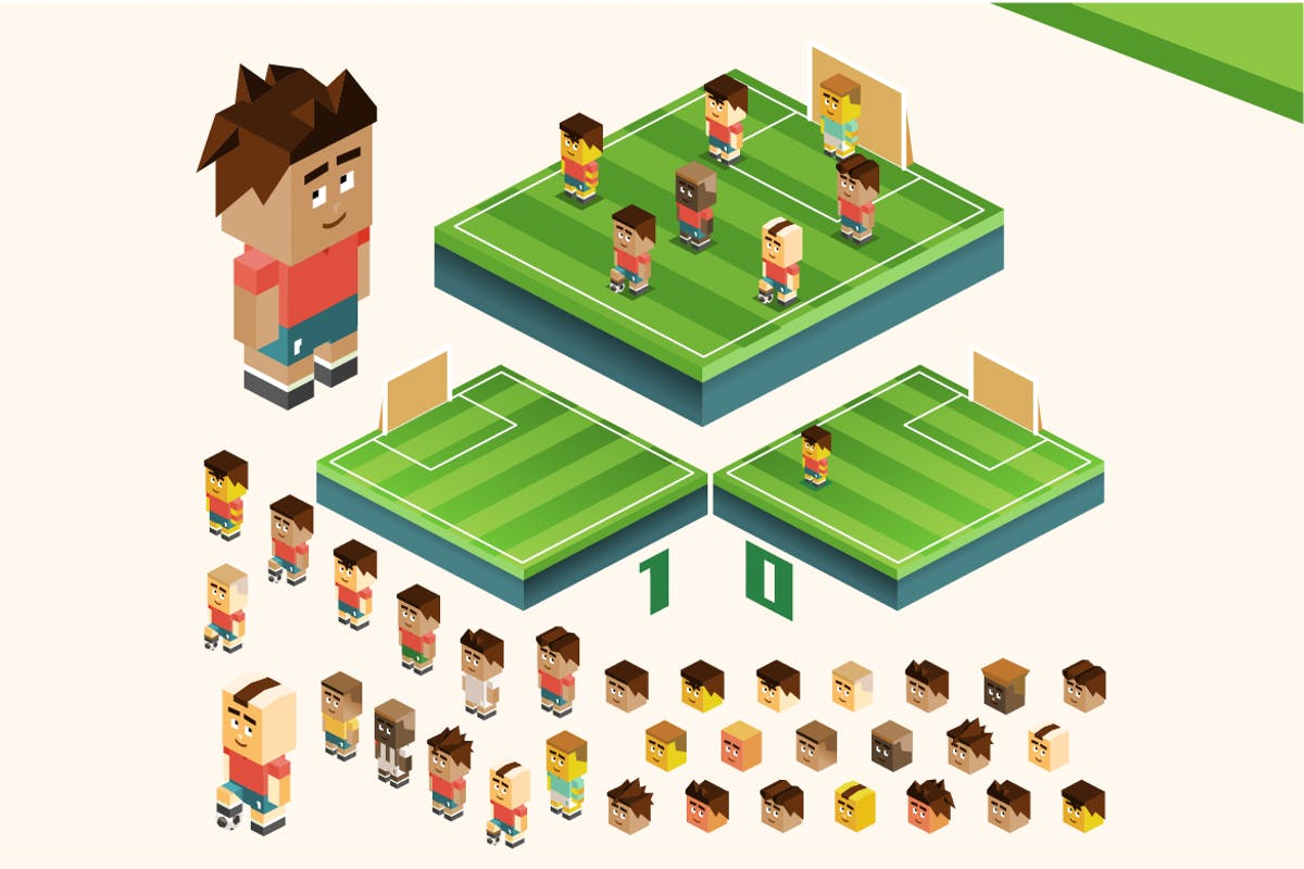 足球队足球场场景2.5D矢量插画 soccer team插图