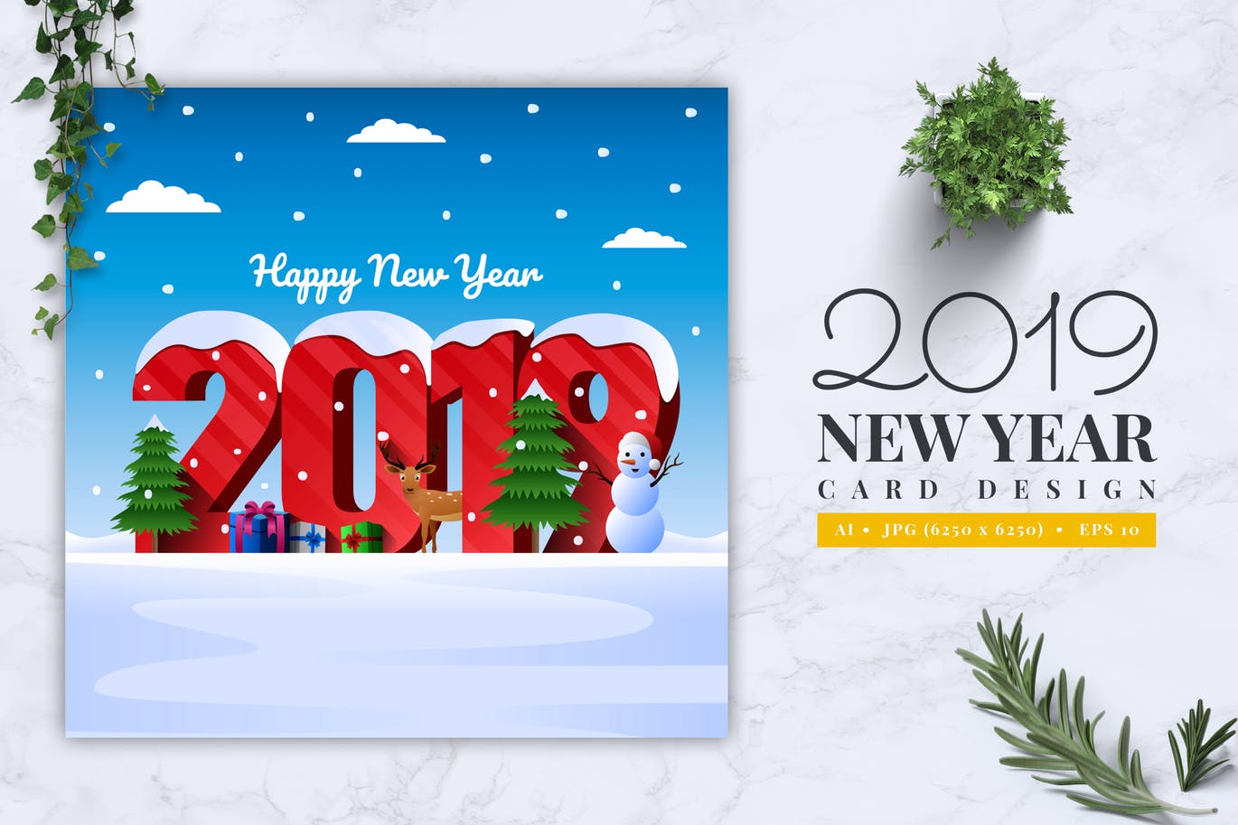 立体字体新年贺卡设计模板v1 2019 New Year Card Design Vol. 01插图