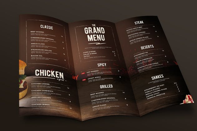 西式快餐汉堡三折页菜单PSD模板 Burger Menu Trifold插图1