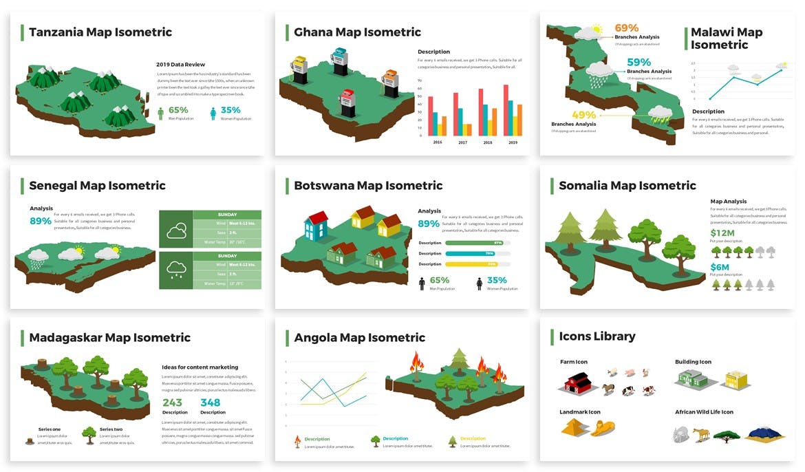 美洲国家/地区地图PPT幻灯片设计素材 Africa Maps Isometric & Legends For Powerpoint插图(3)