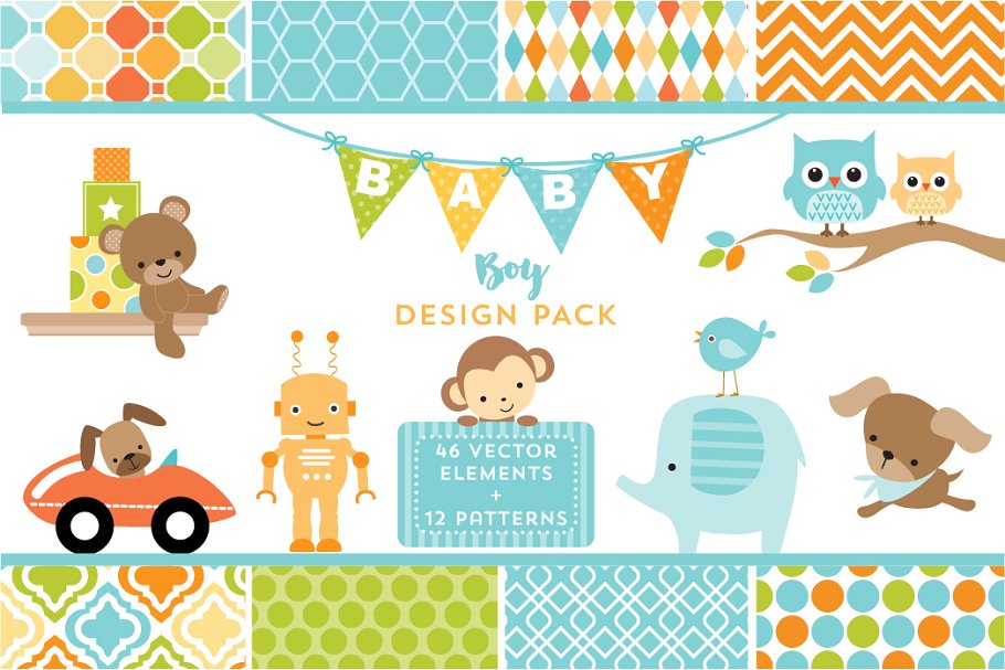婴儿主题矢量插画&纹理 Baby Bundle of Graphics & Patterns插图3