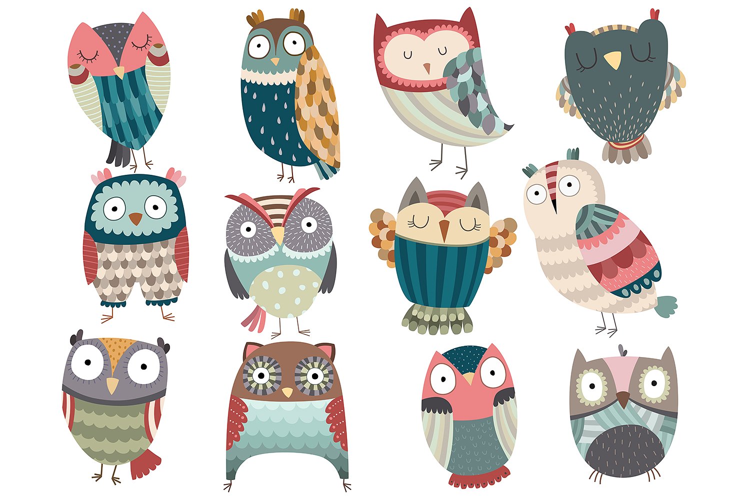 手绘可爱猫头鹰矢量插画合集 Cute Owl Set Vector & PNG Pack插图