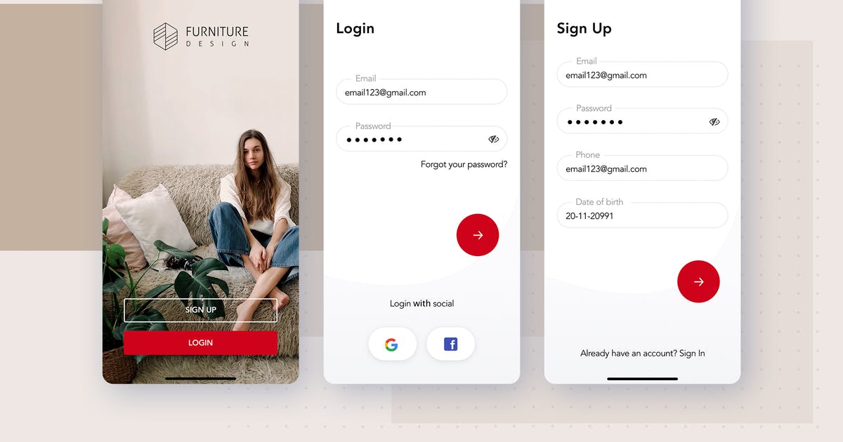 家具网上商城APP注册登录页面设计SKETCH模板 Login, Signup screens for Furniture App插图