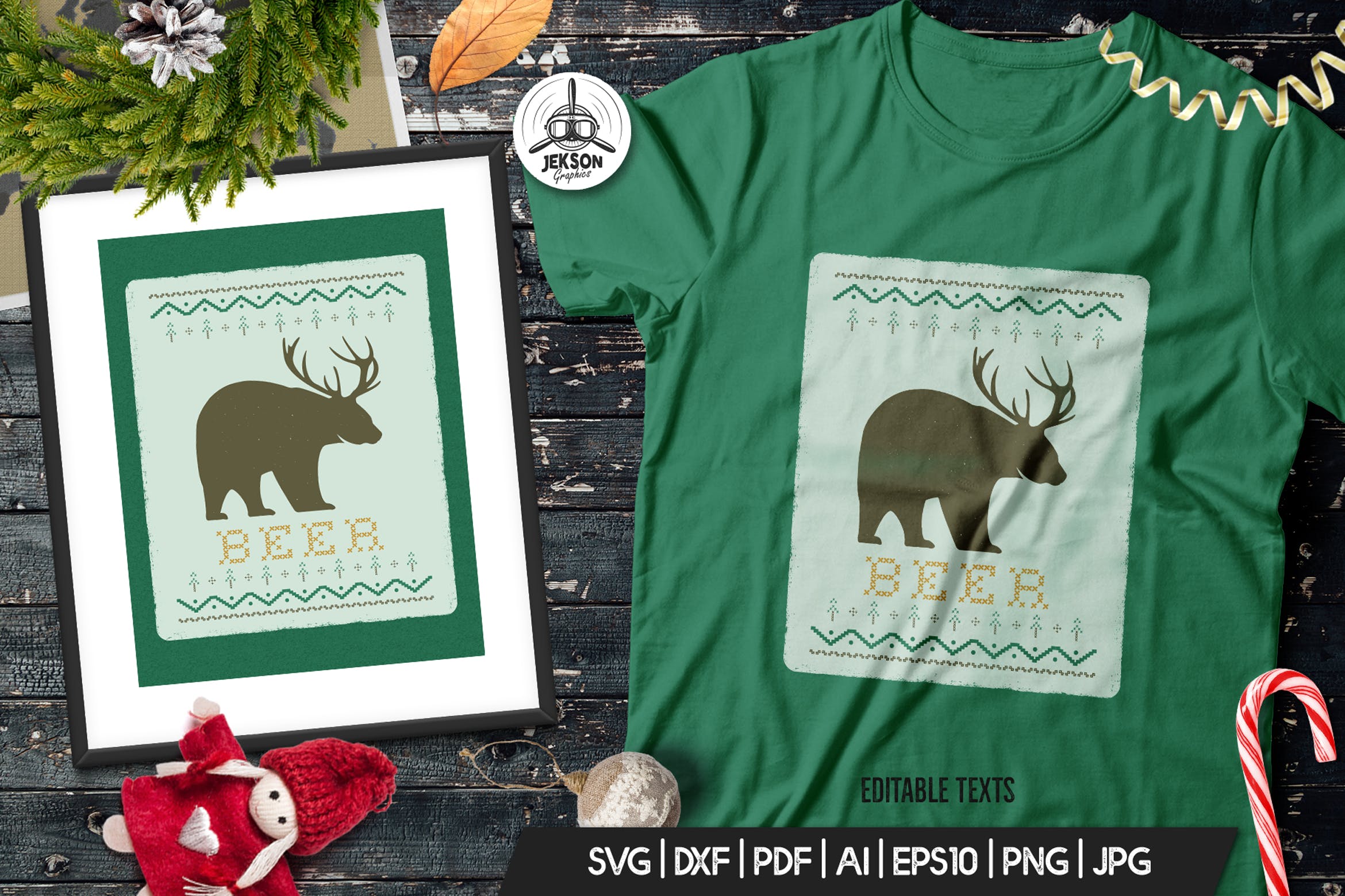 圣诞节主题T恤带鹿角黑熊印花图案设计模板 Funny Christmas Print T-Shirt Sweater. Beer Design插图